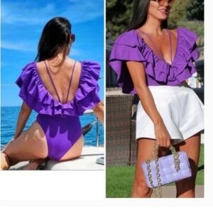 NEW | ZARA Ruffle One Piece Plunge Swimsuit/Body Suit | Purple | Women’s Size S